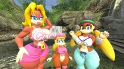 3d 3d_(artwork) 3girls alternate_version_available ape big_breasts big_thighs blonde_hair blue_eyes breasts brown_fur candy_kong cleavage clothed clothing crop_top curvy dixie_kong donkey_kong_(series) earrings eyeshadow female female_only front-tie_top fur green_eyes half-closed_eyes hat kabalmystic_(style) light_skin lips lipstick nail_polish nintendo outdoors pants pink_lipstick pink_nail_polish pink_nails ponytail shorts shoulder_length_hair teal_eyes thhypercombine12 thick thick_hips thick_thighs thighs tied_hair tiny_kong trio twintails violet_eyeshadow wide_hips yoga_pants