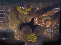 4_toes abs anthro apron555 avian balls balls_outline beak biceps biped boxer_briefs brown_body building building_destruction bulge car carpo city city_background city_crushing city_destruction cityscape claws clothed clothing destruction detailed_background detailed_bulge erection erection_under_briefs erection_under_clothing feathered_wings feathers feet genital_outline genitals gryphon hi_res house landscape_dwarfing looking_at_viewer lying macro macro_anthro macro_male male muscular muscular_anthro muscular_male mythological_avian mythological_creature mythology night outside pawpads paws pecs penile penis penis_outline rampage sky smile solo tail toe_claws toes underwear vehicle vehicle_destruction wings