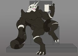 2019 abs absurd_res aggron alternate_color anthro beverage black_markings chair claws coffee coffee_mug erection green_eyes grey_body hi_res horn huge_muscles looking_at_viewer male male_only markings muscular muscular_male nintendo open_mouth original_character penis phos pokémon_(species) pokemon pokemon_(species) presenting presenting_penis scalie solo testicles throne toe_claws video_games xdarkspace