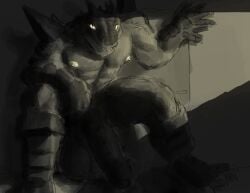 abs absurd_res alligator alligatorid anthro balls big_balls big_muscles big_pecs big_penis crocodilian crouching danzer_(reptilligator) dark_room erection genitals glowing glowing_eyes heavy_balls hi_res huge_balls huge_cock huge_pecs male muscular muscular_anthro muscular_male pecs penile_spines penis reptile saggy_balls scalie shybird smile smiling_at_viewer solo spread_legs spreading