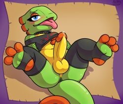 3_toes alternative_fashion anthro anus ass balls bedroom_eyes blue_eyes bodily_fluids chameleon clothed clothing collar curled_tail digital_media_(artwork) ear_piercing erection eyelashes feet femboy genital_fluids genitals goth green_body half-closed_eyes hand_under_shirt hi_res lizard looking_at_viewer male multiple_piercings narrowed_eyes navel nude open_mouth penis piercing playtonic_games precum presenting presenting_hindquarters pulling_up_topwear punk ratify reptile scalie seducing_viewer seductive simple_background smile solo spreading stirrup_legwear tail thick_thighs toes tongue tongue_out topwear yooka yooka-laylee