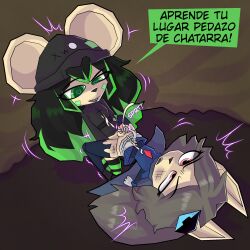 after_fight anal anal_sex anthro beanie bear big_ears black_hair bodily_fluids cape clothed clothing cum cum_inside cum_on_self digital_drawing_(artwork) digital_media_(artwork) dress duo fan_character femboy gaby_(goatgaby) genital_fluids genitals green_hair grey_hair hair hat headgear headwear hi_res humiliation legwear machine male male/male mammal masturbating_while_penetrated masturbation penetration penis raised_clothing raised_dress robot sex spanish_text stockings text translation_request yerolay