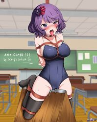 arms_behind_back bell_haircut blush bondage bound breasts classroom collar deep_blush eudetenis fate/grand_order fate_(series) female full-face_blush hair_ornament highres katsushika_hokusai_(fate) open_mouth partially_visible_vulva purple_eyes purple_hair pussy_juice rope school_swimsuit short_hair slave solo sweat swimsuit tears thighhighs tongue tongue_out wooden_horse