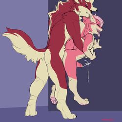 2019 anthro ass canid canine canis cum cumshot duo ejaculation erection from_behind_(disambiguation) fur hi_res humanoid_penis keishinkae lazzie male mammal nude oral orgasm penetration penis pink_fur red_fur sex simple_background wolf yaoi