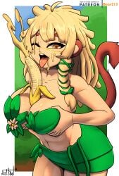abs ambiguous_fluids animal_humanoid banana bear213 big_breasts blonde_hair breast_play breasts cleavage clothed clothing curvy_figure dripping eyelashes female flower food food_fetish food_play fruit glistening glistening_body hair haplorhine hi_res humanoid leaf long_hair looking_at_viewer mammal mammal_humanoid monkey monkey_girl monkey_humanoid monkey_tail navel one_eye_closed open_mouth outside plant primate primate_humanoid sex skimpy solo suggestive suggestive_fluid suggestive_food titjob