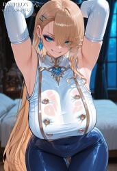 ai_generated alternate_costume armpits arms_behind_head arms_up asymmetrical_bangs bangs bare_shoulders bed blonde_hair blue_eyes blue_gemstone blue_pants blurry_background blush bound breasts brown_dust_2 buttons clothing covered_navel cuffs earrings elbow_gloves eyeshadow female gloves grin hair_ornament hair_over_one_eye hairclip halo high-waist_pants indoors jewelry large_breasts long_hair looking_at_viewer makeup pants presenting_armpit shirt sleeveless sleeveless_shirt smile solo sweat sweaty_clothes taut_clothes thigh_gap thighs tight_clothes tight_pants vantawaifu very_long_hair wet wet_clothes white_shirt wilhelmina_(brown_dust) window