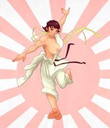 1girls barefoot black_belt black_hair breasts choker dougi female full_body karate_gi large_breasts makoto_(street_fighter) nekozumia nipples no_bra one_breast_out running short_hair solo street_fighter tomboy