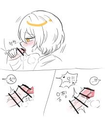 1boy 1boy1girl 1girls 3koma blonde_hair blush censored clothed clothing comic don_quixote_(limbus_company) erection fangs female foreskin foreskin_play glans glans_licking heart holding_penis korean_text licking licking_penis limbus_company male open_fly oral pants penis precum project_moon retracted_foreskin retracting_foreskin shiram_(artist) simple_background sinclair_(limbus_company) slit_pupils tongue tongue_in_foreskin translation_request yellow_eyes