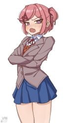 1girls blue_skirt blush blush_lines bob_cut clothed clothed_female clothing doki_doki_literature_club frowning looking_at_viewer natsuki_(doki_doki_literature_club) open_mouth petite petite_body petite_female pink_hair pinup purple_eyes school_uniform short_hair teenage_female teenager vaniste variant variant_set white_background