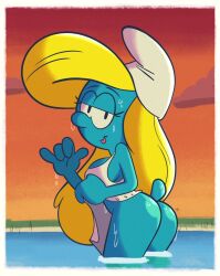1female 1girl 1girls 2025 2025s 2d 2d_(artwork) 2d_artwork 4_fingers ass big_breasts black_eyes blonde blonde-haired_female blonde_female blonde_hair blonde_hair_female blue_body blue_skin blue_tail breasts butt clothing cloud clouds digital_art digital_drawing digital_drawing_(artwork) digital_media digital_media_(artwork) digital_painting digital_painting_(artwork) dress dress_lift dress_pull eyebrows eyelashes female female_focus female_only fingers gesture gesture_hand hair half-closed_eyes hand_gesture hat headgear headwear long_hair looking_at_viewer orange_sky paramount_animation paramount_pictures peyo_(copyright) short_tail sky smurfette smurfs_(2025_film) solo solo_female solo_focus sopomigo standing_in_water sweat sweat_on_face sweatdrop sweatdrops tail the_smurfs tongue tongue_out water white_dress