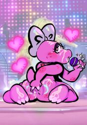 big_ass birdetta birdo cum cum_on_ass cum_on_face cum_on_feet digital_art dinosaur heart-shaped_pupils microphone on_knees on_stage pink_body