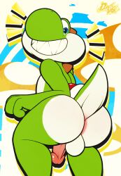 anthro ass balls big_butt bottom_heavy dustythebat erection genitals green_body green_skin grin hi_res huge_butt humanoid_genitalia humanoid_penis male mario_bros nintendo nude pear-shaped_figure penis perineum saddle sharp_teeth smile solo teeth thick_thighs white_body white_skin wide_eyed wide_hips yoshi