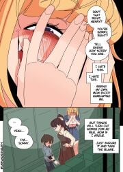 1boy 2girls accusation apologizing beauty_mark big_breasts blonde-haired_female blonde_female blonde_hair breasts brown_hair cleavage color comic covering covering_face cruelty curvy_figure deception defeated disguise ellie_skinsuit english_text evil_smile female freckles_on_breasts genderswap genderswap_(mtf) humiliated humiliating humiliation imposter impunderneath male_in_female_body manipulation maria_(impunderneath) mature_female mature_woman milf mocking mole_under_eye mother mother_and_son narrowed_eyes necklace original original_character perfect_disguise ponytail possessed possession purple_eyes shaming shopping_mall short_hair skinsuit weak_male white_bra