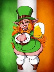 areola_slip areolae beauty_mark beer bowtie buckteeth female female_only freckles gold_tooth green_eyes grinning grinning_at_viewer holding_mug irish_flag ivanpanced_(artist) leprechaun opened_shirt orange_hair pointy_ears self_upload shortstack st._patrick's_day stockings suit thick_thighs top_hat wide_hips