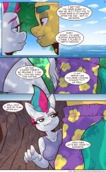 absurd_res animal_ears anthro biped blue_hair breasts bulge clothed clothing detailed_background dialogue duo english_text equid equine eyelashes female green_hair hair hasbro hi_res hitch_trailblazer_(mlp) male male/female mammal mlp_g5 multicolored_body my_little_pony one-piece_swimsuit outside page_number pink_hair pupils purple_clothing saturdaymorningproj smile speech_bubble swimwear text thick_thighs url white_body yellow_body zipp_storm_(mlp)