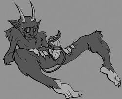 3_fingers 4_toes biting_lip black_glans claws cuphead_(game) diphallia diphallism frenulum hemipenes horns loodles male_only masturbation monochrome multi_penis penis sweat tailjob the_devil_(cuphead) thigh_grab yaoi