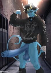 2026 2_horns 5_fingers alley balls big_penis black_clothing black_eyebrows black_footwear black_hair black_hoodie black_socks black_topwear blue_body blue_skin bottomless bottomless_humanoid bottomless_male choker clothed clothing demon demon_humanoid digital_drawing_(artwork) digital_media_(artwork) ear_piercing english_description english_text epic_games erection eyebrow_piercing eyebrows facial_piercing fingers fist flexing footwear foreskin fortnite front_view genital_piercing genitals hair hand_wraps hi_res hoodie horn huge_cock humanoid humanoid_genitalia humanoid_penis humanoid_pointy_ears jewelry lip_piercing male necklace not_furry outside penis penis_piercing piercing pointy_ears profanity saggy_balls skinny socks solo sulk_(fortnite) tail text topwear unretracted_foreskin vikifox_(artist) wraps