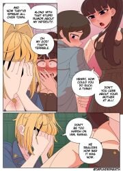 1boy 2girls accusation beauty_mark big_breasts blonde-haired_female blonde_female blonde_hair breasts brown_hair cleavage color comic covering covering_face curvy_figure deception disguise ellie_skinsuit english_text female freckles_on_breasts genderswap genderswap_(mtf) humiliated humiliating humiliation imposter impunderneath male_in_female_body manipulation maria_(impunderneath) mature_female mature_woman milf mole_under_eye mother mother_and_son necklace original original_character perfect_disguise ponytail possessed possession purple_eyes shaming shocked_expression shocked_eyes shopping_mall short_hair skinsuit tears white_bra