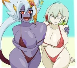 2girls akkostars areolae astellar_diabellstar_(sinful_spoils) beach_background big_breasts bikini blue_skin catgirl cleavage closed_mouth commission curvy diabellstar_the_black_witch duel_monster earrings embarrassed fangs female green_hair hips huge_breasts hugging humanoid konami long_hair looking_at_another looking_back lunalight lunalight_leo_dancer mature_female milf multicolored_hair navel open_mouth pale_skin ponytail purple_skin red_eyes red_hair shy silver_hair smile standing thick_thighs thighhighs voluptuous wide_hips yu-gi-oh! yu-gi-oh!_arc-v