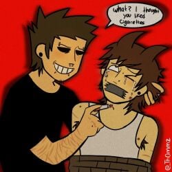 eddsworld tom_(eddsworld) tord_(eddsworld) self_harm_scars scars rope tied_up tied_to_chair tears crying crying_with_eyes_open cigarette cigarette_burn burns dubious_consent dubcon sadism sadistic eyes_rolling_back piercings tugging_hair hair_tugging hair_pull restrained text_bubble hair_horns taped_mouth grin grinning in_pain