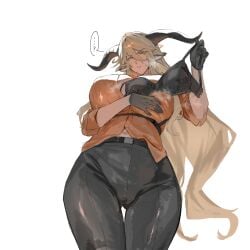 ...? 1girls ? arknights ass_visible_through_thighs black_bra black_pants blonde_hair bra bra_removed breasts cameltoe cicada_(nnakqr5n6q9p2ht) covered_nipples degenbrecher_(arknights) female female_only goat_ears goat_girl hi_res horns huge_breasts looking_at_viewer navel orange_shirt parted_lips simple_background solo solo_female steam stomach straps sweat unbuttoned underwear very_long_hair white_background yellow_eyes
