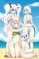4girls ass beach big_breasts bikini blue_eyes breasts character_request crossover date_a_live eyepatch female female_only high_school_dxd koneko_toujou light-skinned_female lindaroze senran_kagura swimsuit tobiichi_origami white_hair yagyuu_(senran_kagura) yellow_eyes