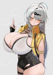 absurdres ahoge alternate_breast_size belt black_gloves black_shorts blush breasts camisole cleavage commentary_request elbow_gloves female female_only fingerless_gloves gloves hair_ornament hairclip high-waist_shorts highres huge_breasts jacket long_hair looking_to_the_side s4ika shorts solo thighs white_camisole white_hair yellow_eyes yellow_jacket yin_yang_pin yixuan_(zenless_zone_zero) zenless_zone_zero