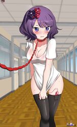 black_legwear blush blushing_profusely bondage breasts cleavage collar commission embarrassed embarrassed_female eudetenis exhibitionism fate/grand_order fate_(series) femsub hair_ornament highres katsushika_hokusai_(fate) large_breasts leash leashed purple_eyes purple_hair pussy_juice school short_hair slave submissive_female sweat thighhighs unhappy_female vibrator