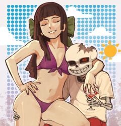 aged_up aliza_(horrortale) bikini brown_hair female horrortale light_skin long_hair male medium_breasts minominoks partially_clothed_female sans_au suggestive_look undertale