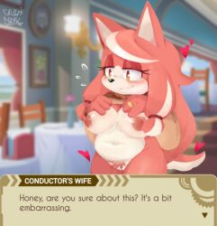 akita anthro areola big_breasts black_nose blush blush_lines bottomless breasts brown_clothing brown_sweater brown_topwear canid canine canis clothed clothing conductor's_wife_(sonic) conductor_(sonic) dialogue domestic_dog drawchill_s eyelashes female front_view fur genitals heart_symbol inverted_nipples mammal navel nipples pink_areola pink_body pink_fur pink_nipples pink_pubes pubes raised_clothing raised_sweater raised_topwear ring sega slightly_chubby smile solo sonic_(series) sonic_the_hedgehog_(series) spitz sweater text the_murder_of_sonic_the_hedgehog topwear vulva white_body white_fur wide_hips yellow_eyes