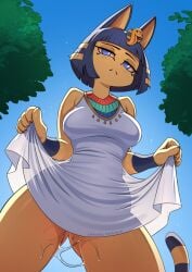 2026 5_fingers animal_crossing ankha_(animal_crossing) anthro artist_name biped black_eyebrows blonde_hair blue_eyes blue_hair blue_tail blush blush_lines bob_cut bodily_fluids breasts chrysalisdraws claws clothed clothed_anthro clothed_female clothing clothing_lift digital_media_(artwork) domestic_cat dress dress_lift dripping egyptian egyptian_clothing eyebrows eyelashes felid feline felis female female_anthro finger_claws fingers fur genital_fluids glistening glistening_eyes hair half-closed_eyes hi_res kalasiris looking_at_viewer low-angle_view mammal markings medium_breasts mouth_closed multicolored_tail narrowed_eyes nintendo noseless outside pointy_ears sky solo striped_markings striped_tail stripes tail tail_markings text uraeus usekh vaginal_fluid_drip vaginal_fluid_string vaginal_fluids white_clothing white_dress yellow_body yellow_fur yellow_inner_ear yellow_tail