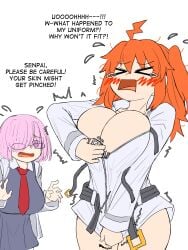 >_< 2girls big_breasts blush breasts curvy fate/grand_order fate_(series) flying_sweatdrops frustrated gigantic_breasts gudako inconvenient_breasts mash_kyrielight multiple_girls naked_jacket open_mouth screaming steamingtofu tears text trembling undersized_clothes wardrobe_malfunction zipping