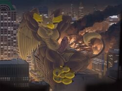 4_toes abs anthro apron555 avian beak biceps biped brown_body building building_destruction car carpo city city_background city_crushing city_destruction cityscape claws destruction detailed_background erection feathered_wings feathers feet genitals gryphon hi_res house humanoid_genitalia landscape_dwarfing looking_at_viewer lying macro macro_anthro macro_male male muscular muscular_anthro muscular_male mythological_avian mythological_creature mythology night nude outside pawpads paws pecs penis rampage sky smile solo tail toe_claws toes vehicle vehicle_destruction vein veiny_penis wings