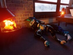 absurd_res animal_genitalia animal_penis anthro balls black_body black_fur blender_(artwork) blue_body blue_fur blue_penis canid canine clothing digital_media_(artwork) endoras endoras_(character) erection fireplace fur genitals hi_res latex legwear male mammal multicolored_body multicolored_fur nude paws penis rexouium sleeping smile solo straps tail white_body white_fur