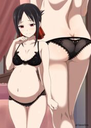 ass ass_cleavage bangs bare_shoulders bed black_bra black_hair black_panties black_underwear blush bra breasts butt_crack canopy_bed cleavage close-up female folded_ponytail hair_ornament hair_ribbon inoshira kaguya-sama_wa_kokurasetai_~tensai-tachi_no_renai_zunousen~ lower_body multiple_views navel pantsu parted_bangs ponytail posterior_cleavage pregnant ready_to_pop ribbon shinomiya_kaguya shiny shiny_hair short_hair sidelocks small_breasts smile standing thigh_gap third-party_edit tied_hair twitter_username underwear underwear_only