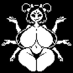 big_breasts black_and_white cyanu huge_breasts looking_at_viewer monochrome muffet multi_arm pixel_art sling_bikini slingshot_swimsuit solo spider_girl spider_humanoid undertale undertale_(series) wide_hips