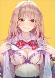 :q absurdres black_nails blonde_hair blush bow bowtie bra breasts brown_eyes cleavage closed_mouth clothes_lift collared_shirt comic_aun cum cum_on_body cum_on_breasts female frilled_bra frills hair_between_eyes highres jewelry large_breasts long_hair looking_at_viewer magazine_scan misaki_kurehito nail_polish necklace nipples original partially_open_shirt partially_unbuttoned purple_bra red_bow red_bowtie scan see-through_bra see-through_clothes shirt shirt_lift simple_background smile solo sweat third-party_source tongue tongue_out underwear upper_body v-shaped_eyebrows white_shirt yellow_background