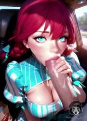 1boy ai_generated ai_video alberist audio blue_eyes bouncing_breasts car car_interior cleavage cleavage_cutout clothed deepthroat fellatio female freckles hairbow large_breasts large_penis licking_penis long_penis looking_at_viewer moaning moaning_on_cock oral oral_sex pov red_hair striped_shirt tagme thick_lips twin_braids twintails veiny_penis video wendy's wendy_thomas zoom_in
