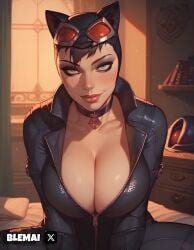 ai_generated batman_(series) bedroom bedroom_eyes big_breasts blemai blue_eyes body_suit catwoman choker cleavage dc_comics female female_only inviting looking_at_viewer seductive sexy sfw smile zipper_down