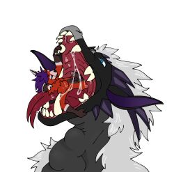 ailurid anthro bodily_fluids body_outline dragon erection genital_fluids genitals group hi_res intersex intersex/male looking_at_another male mammal marblecakes mythological_creature mythological_scalie mythology neck_bulge open_mouth oral_vore penis precum red_panda saliva scalie size_difference tongue tongue_out trio vore