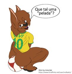 ball brazil chiropteran dialogue felid hi_res humor hybrid lion looking_at_viewer male male_only mammal open_mouth pantherine portuguese_text pun soccer soccer_ball soccer_uniform solo sport text translated viola viola_bat