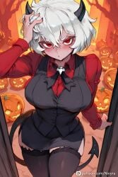 anime art artist background belts black blush demon digital ears embarrassed expression eyes face forest garter girl glow hair halloween hand head horns jack-o-lantern long-sleeve messy ninyra orange pale patreon pointed pumpkins red scratching setting shirt short skin skirt small stockings style tail tie vest watermark white