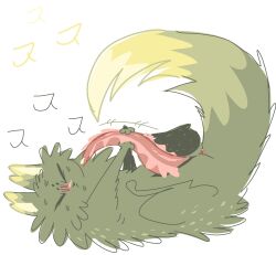 animal_genitalia anus blush bodily_fluids feral frilled_penis fur genitals green_body green_fur hand_on_penis hi_res kriddykreme lying male masturbation on_back penis rain_world saint_(rain_world) slugcat solo sweat sweating_profusely tapering_penis videocult