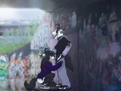 absurd_res american_mythology anthro antlers black_tail bottomless bottomless_anthro brother_(lore) brother_and_sister_(lore) clothed clothing cryptid deer duo ear_piercing ear_ring fellatio female fur graffiti hand_on_head hand_on_leg hand_on_thigh hi_res horn incest_(lore) indigenous_north_american_mythology kneeling male male/female mammal multicolored_body multicolored_fur mythology north_american_mythology notkojiro on_one_knee oral partially_clothed penile piercing public public_sex reno_(notkojiro) ring_piercing sex sibling_(lore) sister_(lore) slim submissive submissive_female tail under_bridge wendigo willow_(notkojiro)