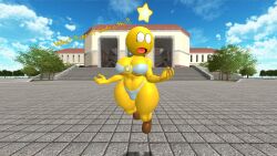 1girls 3d 3d_(artwork) alternate_version_available anthro big_breasts big_thighs bikini breasts brown_shoes cleavage curvy female female_only kabalmystic_(style) mario_(series) mario_and_luigi_(series) nintendo outdoors shocked shoes solo starlow starlow_with_a_body strapless_bikini text thhypercombine12 thick thick_hips thick_thighs thighs wide_hips