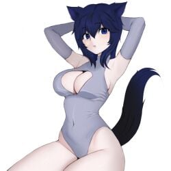 arm_sleeves armpits arms_up blue_eyes blue_fur blue_hair breast_hole breasts co1by female female_only fox_ears fox_girl fox_tail fozznal hairless_pussy leotard small_breasts