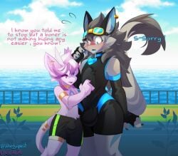 anthro armwear big_bulge blush bodily_fluids bracelet bulge clothing collar duo ear_piercing elbow_gloves eyewear eyewear_on_head gloves goggles goggles_on_head guardian_spirit handwear heart_pendant heterochromia jewelry male male/male microsoft novabeast novu_(warden006) one-piece_swimsuit ori_(series) piercing surprised sweat sweatdrop swimming_trunks swimwear text warden006 xbox_game_studios xecho7x