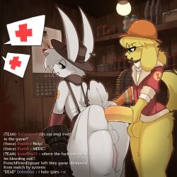 anal anal_sex angry animal_humanoid anthro anus anus_outline anus_peek armor ass ass_up balls big_balls big_butt big_ear big_ears big_penis blood bodily_fluids braided_hair bullet butt_focus butt_grab calendar canid canine carbanogg chat chat_box clothing coat coat_cape dog_tail doggy_style duo ear_piercing engineer_(team_fortress_2) eyewear floor from_behind_position fur gaping gaping_anus genitals glasses hair hand_on_butt hard_hat hat headgear headwear helmet hi_res huge_cock humanoid jacket lagomorph lagomorph_humanoid lamp looking_at_another looking_back looking_pleasured male male/male male_penetrated male_penetrating male_penetrating_male mammal mammal_humanoid medic_(team_fortress_2) penetration penile penile_penetration penis penis_in_ass piercing rocket scut_tail sex short_tail spread_anus spreading standing_doggystyle sweater tail team_fortress_2 topwear valve wall_(structure) white_body white_fur wood wood_floor wood_wall yellow_body yellow_fur