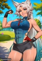 abs ai_generated animal_ears artist_name biceps breasts english feixiao_(honkai:_star_rail) female female_only flexing flexing_bicep fox_ears fox_girl gloves green_eyes gym_shorts hi_res high_ponytail high_resolution highres honkai:_star_rail jewelry long_hair multicolored_hair patreon patreon_url ponytail renz3n shorts tight_clothing toned toned_female watermark white_hair