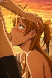 1boy ai_generated blush breasts digitalwaifugallery fellatio female hand_on_another's_head hi_res high_quality high_resolution highschool_of_the_dead long_hair nipples nude oral orange_eyes orange_hair patreon penis profile rei_miyamoto seductive sexy solo_focus straight sunset sweat tan tanline uncensored watermark